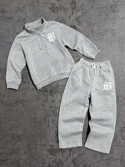 秋季年轻男孩字母印花长袖休闲运动衫和裤子宽松套装