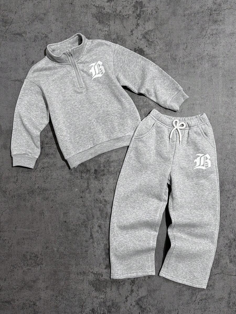 秋季年轻男孩字母印花长袖休闲运动衫和裤子宽松套装 - 灰色 - 查看 1