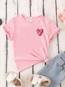SHEIN 女童休闲时尚创意卡通可爱装饰图案字母标语印花基本款圆领短袖T恤 - 淺粉色 - 查看 2