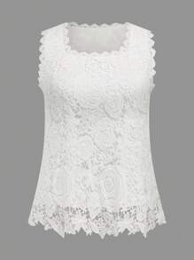 SHEIN Clasi Áo ba lỗ cổ vuông không tay viền ren trắng vừa vặn cỡ lớn - trắng - Xem 1