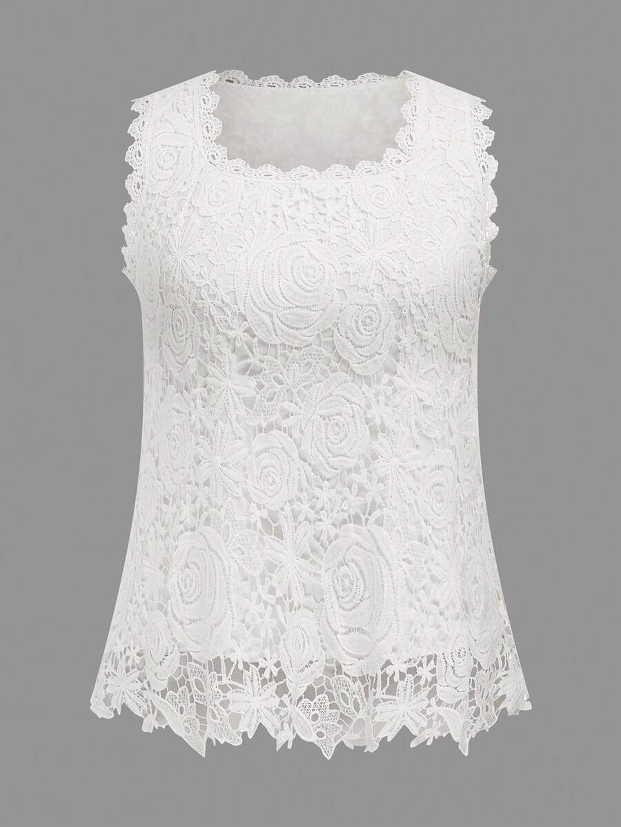 SHEIN Clasi Áo ba lỗ cổ vuông không tay viền ren trắng vừa vặn cỡ lớn - trắng - Xem 1