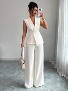 Elenzga Women's Elegant Office Commute Afternoon Tea Party Asymmetric Hem Sleeveless Blazer Jacket & Stretchy Waist Band Pants 2 Pieces Suit Set, Spring/Summer