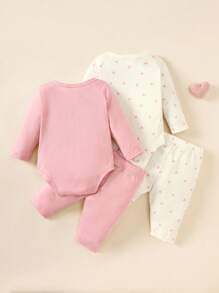 SHEIN 新生女童两件套婴儿套装，简约、休闲、舒适、亲肤针织面料，米色心形数码印花和粉色长袖连体裤，搭配同款裤子，适合四季日常居家和户外穿着 - 彩色 - 查看 2