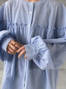 FRIFUL 女式长袖条纹面料拼接荷叶边褶饰宽松休闲百搭正式衬衫，秋季女装 - 藍色 - 查看 7