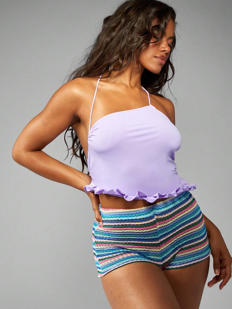 MISSGUIDED Ruched Halter Cropped Tank Festival Summer Beach Top Ruffle Trim Party Dance Club Evening Wear