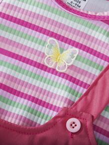 2 件夏季新生女婴韩版休闲套装：条纹针织背心 + 别致口袋吊带裙 - 玫紅色 - 查看 7