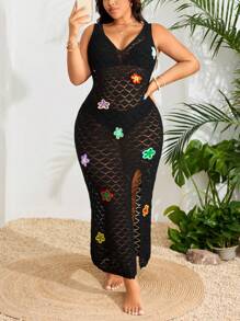 Swim Mod Plus Size Hand-Crocheted Fashionable Beach Dress For Summer Beach Vacation - Black - View 6