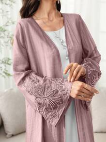 SHEIN Najma Arabic Style Floral Embroidery Open Front Abaya Robe With Beaded Cuffs, Lightweight For Spring/Summer - Dusty Pink - View 3