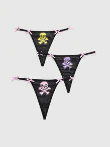 ROMWE 3 Stücke/Set Slip mit Schädelmotiv, metallischen Details und Schleifen - Schwarz - Übersicht 1
