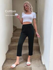 SHEIN LUNE Damesbroek met trekkoord in de taille en zakken, gemaakt van katoen, ideaal voor vrije tijd en vakantie in de zomer Zwarte broek voor dames Shein Tall Pants