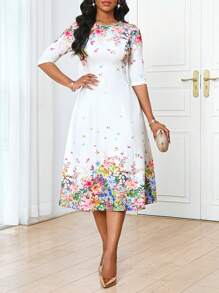 SHEIN Lady 女士夏季花卉印花优雅中长连衣裙