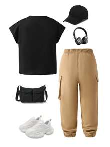 SHEIN 2 件套小男孩纯色短袖 T 恤和字母印花工装裤，休闲返校装 - 彩色 - 查看 2