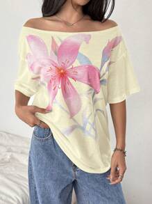 SHEIN Unity Áo thun nữ hở vai tay ngắn họa tiết hoa - Màu vàng - Xem 7