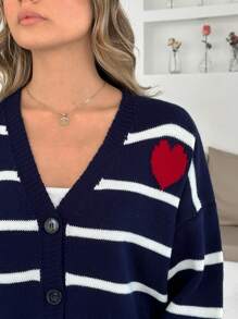 EURMUSE Nautical Romance Striped Knit Cardigan – Navy Blue V-Neck With Classic White Stripes And Red Heart Accent For A Playful Chic Look,Long Cardigans Woman,Petite Cardigans,Cardigans - Navy Blue - View 4