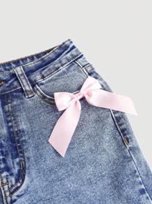 SHEIN Girlism Kawaii Tween Girl Y2k Słodka i słodka opaska na głowę z kokardą Rozszerzane nogawki Jeansy z niebieską ozdobą kokardki, postrzępione obszycie i rozcięta rozszerzana nogawka, szkoła - Niebieski - Zobacz 6