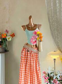 SHEIN EZwear 复古风热带粉色印花露背吊带背心，性感迷人，适合夏季外出穿着 - 彩色 - 查看 9