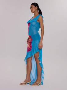 MUSERA V领荷叶边领口印花网纱不对称下摆开衩长裙，适合夏季度假、婚礼、毕业典礼、正式场合、假日、夜晚外出、约会等场合，优雅长裙。 - 彩色 - 查看 2