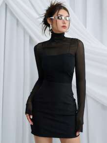 DAZY 高领网眼上衣透明长袖女式上衣，秋季女装 - 黑色 - 查看 5