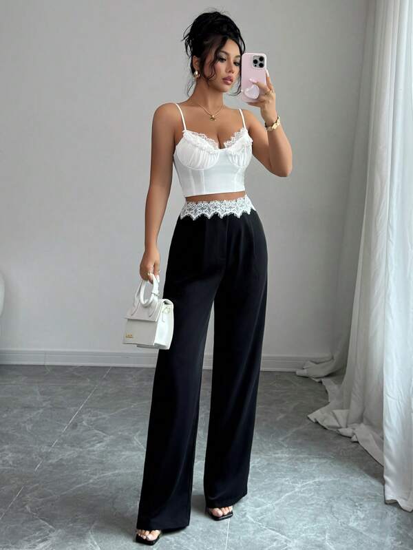 Elenzga Pantalones rectos elegantes con parches de encaje para mujer, ropa de oficina
