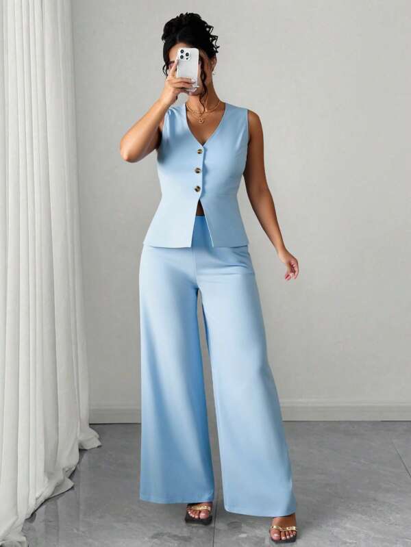 Elenzga Set sacou elegant fără mâneci, vestă și pantaloni, mărime mare, stil business pentru naveta, vară