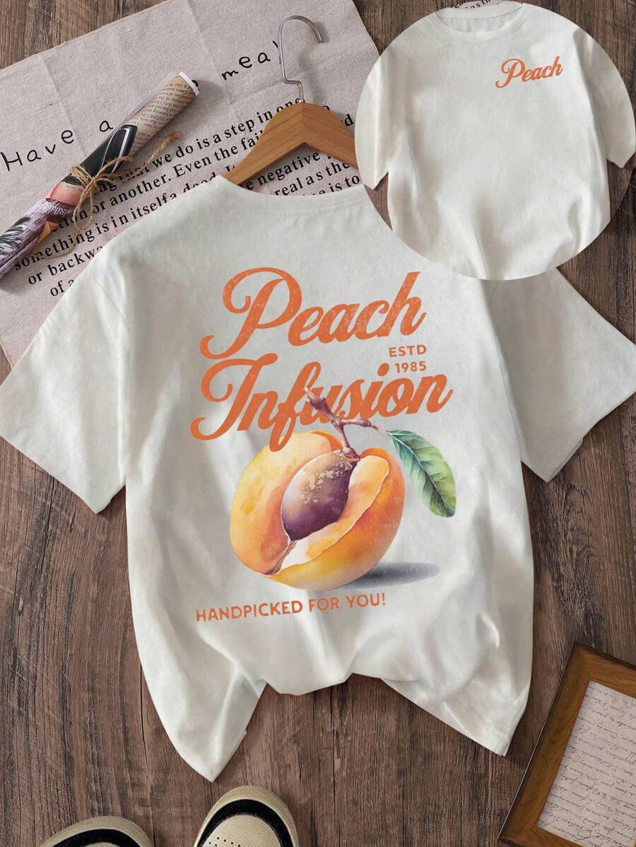 Women's Short Sleeve Peach Print T-Shirt, Cool For Summer - White - View 1