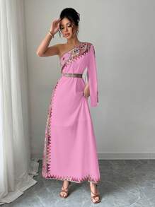 Elenzga 不对称领口格纹优雅夏装 - 粉色 - 查看 3