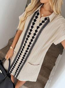 Easowa 波西米亚风夏季海滩度假刺绣贴布宽松衬衫连衣裙 - 卡其色 - 查看 6