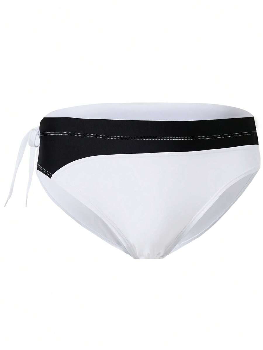 ZELFYO Bañadores de triángulo con nudos y color contrastante para hombres, adecuados para la playa en verano - Blanco y Negro - Ver 1