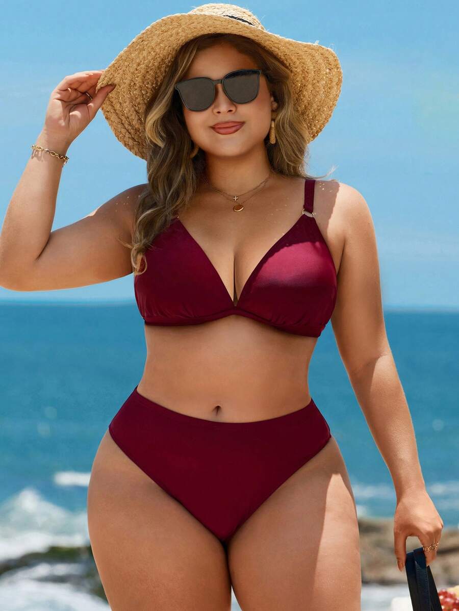 SHEIN Swim Curve 大码纯色圆形装饰细肩带比基尼套装 - 酒紅色 - 查看 1