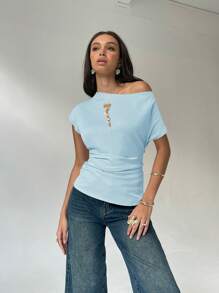 Aloruh Women's Plain Asymmetric Ruched Collar Short Sleeve Elegant Blouse, Summer - Blue - View 5