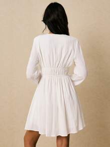 Poéselle 女式纯色深V领扭纹长袖休闲迷你连衣裙 - 米色 - 查看 7