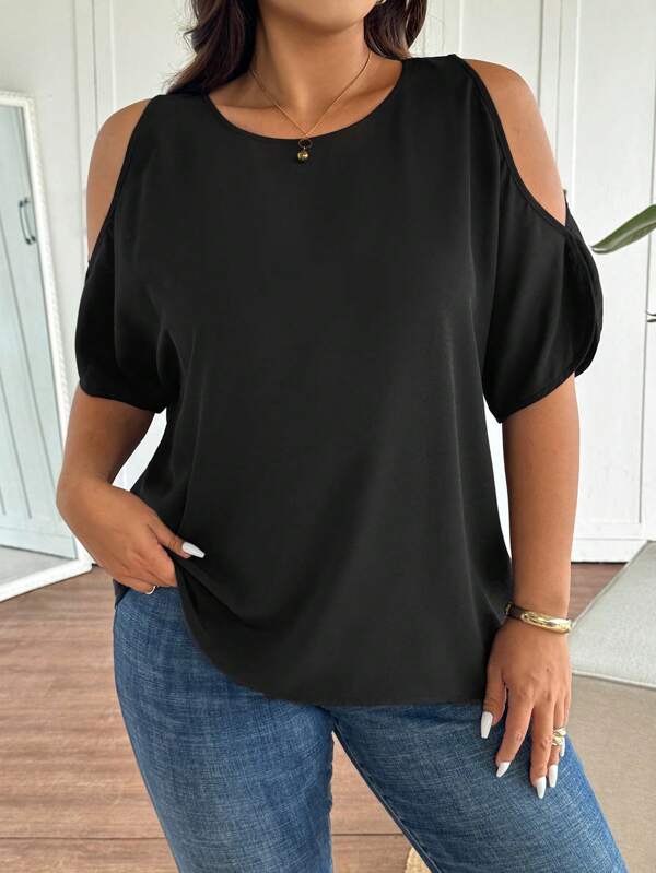 SHEIN Frenchy Bluză neagră elegantă pentru femei, cu umeri goi, mărime mare, cămașă casual versatilă la modă pentru primăvară și vară