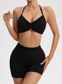 SHEIN Sport Studio 2pcs Seamless Sports Yoga Racerback Tank & Shorts Set, High Waist Tummy Control Butt Lift, Sexy Open Back, Suitable For Yoga, Fitness, Running Workout Clothes Women Women Sports Outfit Workout Top Women Women Clothing Athletic Workout Gear Women