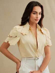 Anewsta 女士花卉蕾丝镂空刺绣优雅衬衫上衣，现代办公室通勤装，夏季 - 黃色 - 查看 3