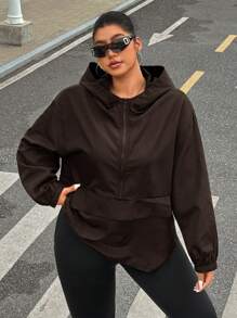 SHEIN EZwear Plus Size Solid Color Hooded Zipper Pocket Casual Long Sleeve Jacket Winter Fall Autumn - Brown - View 1