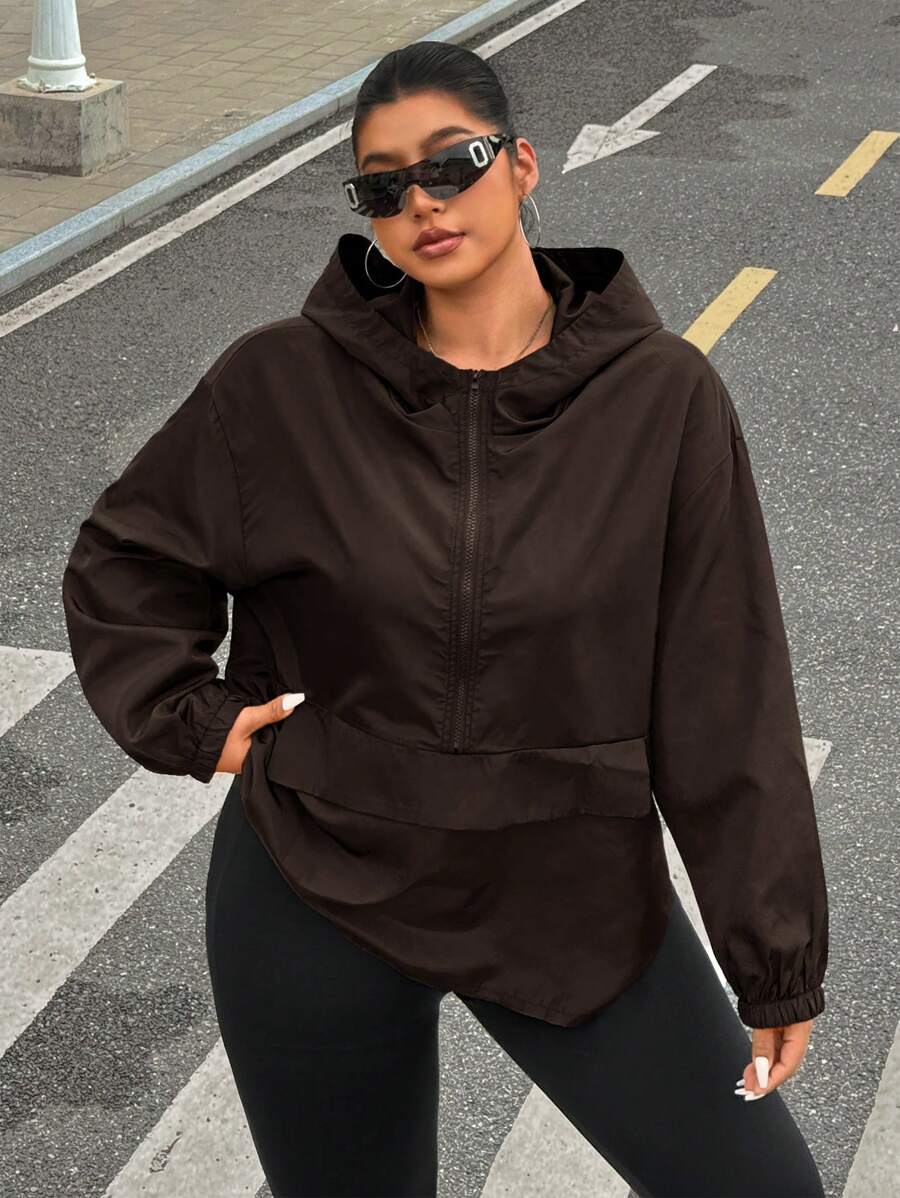 SHEIN EZwear Plus Size Solid Color Hooded Zipper Pocket Casual Long Sleeve Jacket Winter Fall Autumn - Brown - View 1
