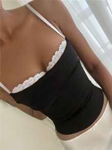 INAWLY Women's Contrast Lace Contrast Color Fitted Elegant Camisole - Black - View 1