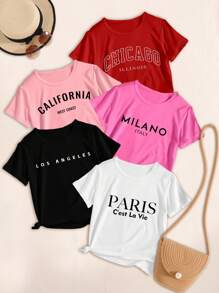 Sparklyn 5pcs Teen Girls' Minimalist Fashion Short Sleeve Round Neck T-Shirt, Suitable For Summer, School, Campus, College