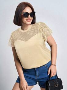 Chikora Plus Size Music Festival Women Loose Fit Round Neck Mesh Contrast Ruffle Short Sleeve Top For Summer,Office - Apricot - View 6