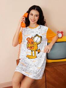 GARFIELD | SHEIN 女士可爱卡通印花撞色短袖宽松睡衣连衣裙，夏季，哞哞睡裙 - 黃色 - 查看 6