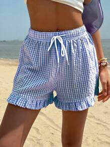 Jouncy Women's Plaid Print Ruffle Hem Drawstring Waist Casual Shorts - Multicolor - View 4