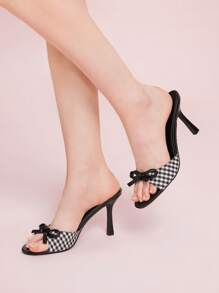 CUCCOO DOLLMOD Women's Plaid & Black PU Mixed Bow Decor Comfortable Round Toe High Heel Mule Sandals