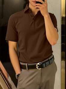 Manfinity Homme 男士纯色休闲时尚短袖 Polo 衫夏季男士罗纹 Polo 衫 - 咖啡棕 - 查看 3