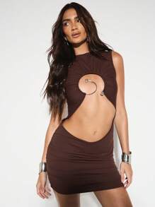 KIZN 无袖迷你连衣裙，圆形五金细节镂空褶饰俱乐部派对晚会现代时尚宣言紧身秋冬