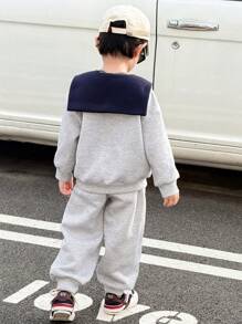 SHEIN 3 件套年轻男孩休闲学院风披肩领字母印花长袖运动衫和松紧腰运动裤套装，适合返校、生日、迎婴派对、节日派对、秋冬季 - 灰色 - 查看 8