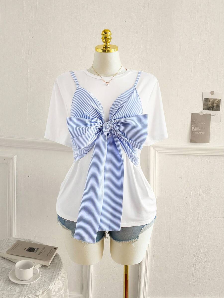 Comfortcana 女式加大码夏季条纹前结短袖休闲T恤