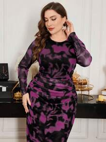 Modelyn 大码扎染褶饰修身紧身连衣裙，带网眼拼接