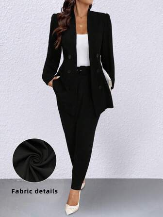 SHEIN Clasi Damen schlichte Büro-Stil Blazer mit Langarm & Hosen Set mit Tasche, vielseitig für den Arbeitsweg