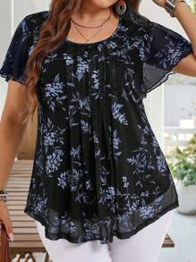 EMERY ROSE Plus Size Women Summer Short Sleeve Floral Print Shirt Tunic Blouse, Indigo Blue For Holiday,Summer Holiday,Vacation Outfits Women,Simple And Fashionable For Everyday Wear