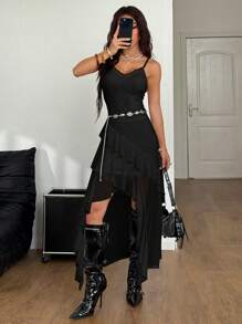 Coolane Women's Solid Color Asymmetrical Hem Casual Sleeveless Dress For Summer - Black - View 1